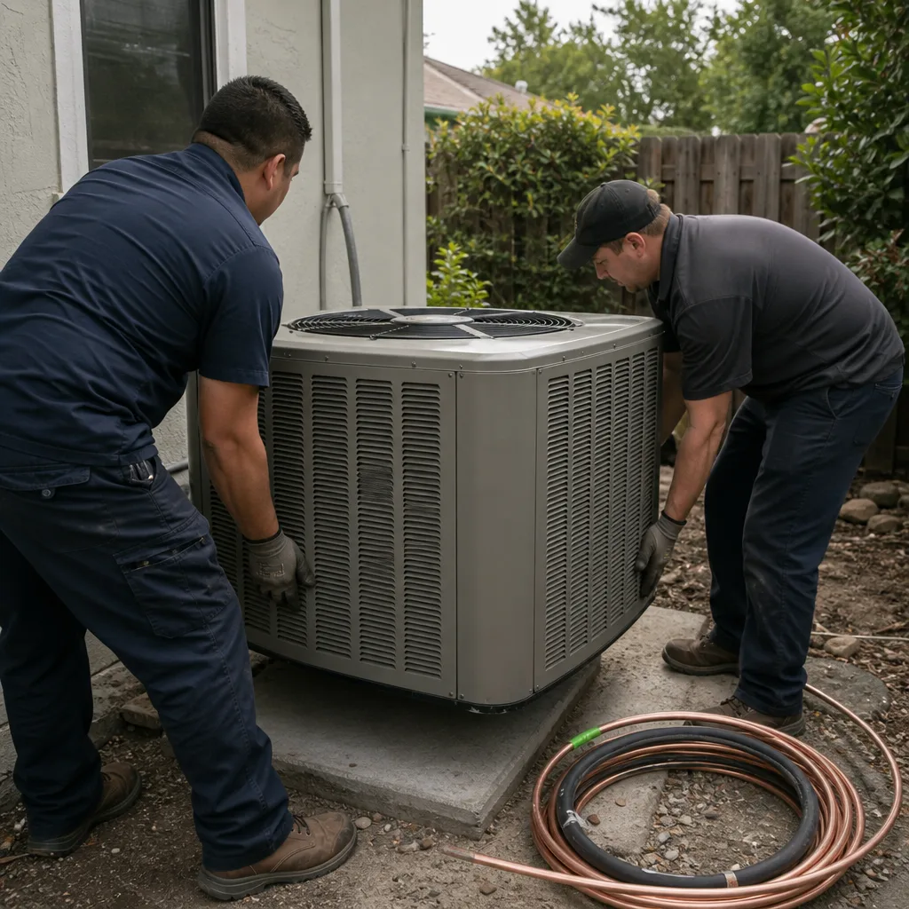 Two professional HVAC technicians installing an outdoor air conditioning unit