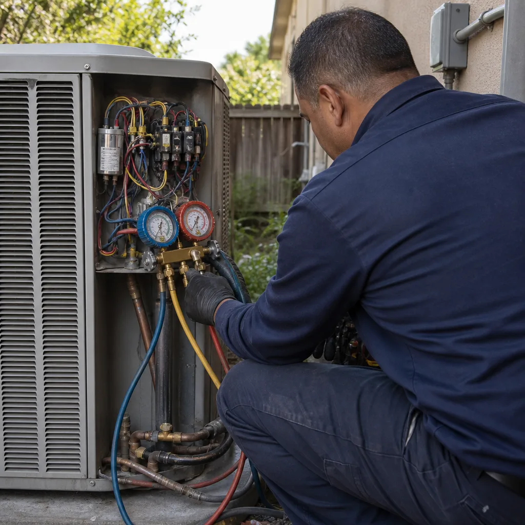 HVAC technician performing professional air conditioning repair and maintenance service.