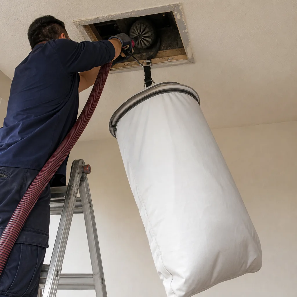 Technician performing professional residential air duct cleaning and ventilation maintenance