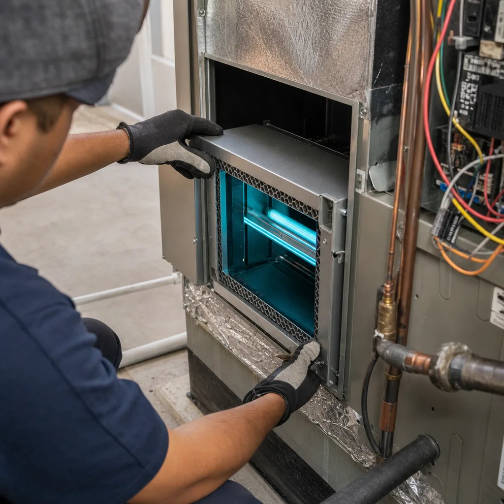 HVAC technician installing a UV air purification system in a furnace