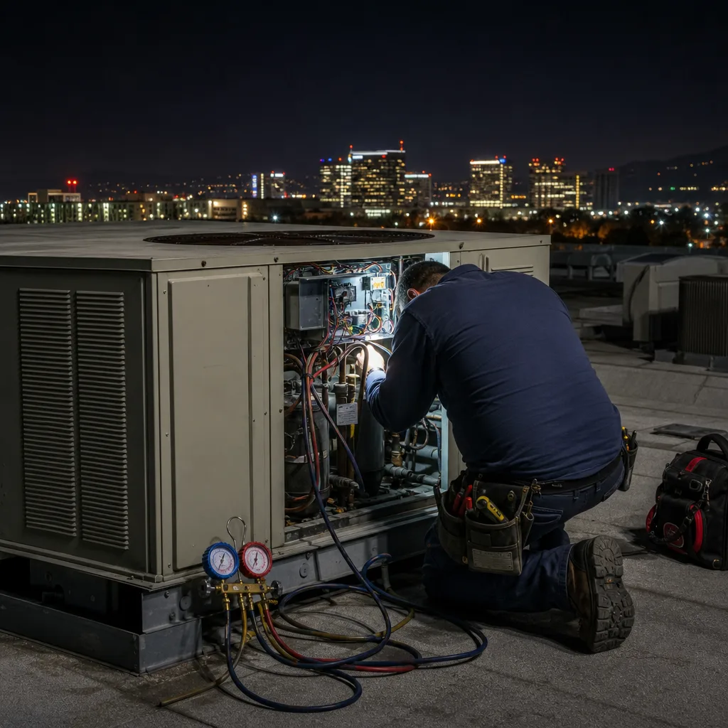 HVAC technician performing emergency commercial rooftop repairs at night