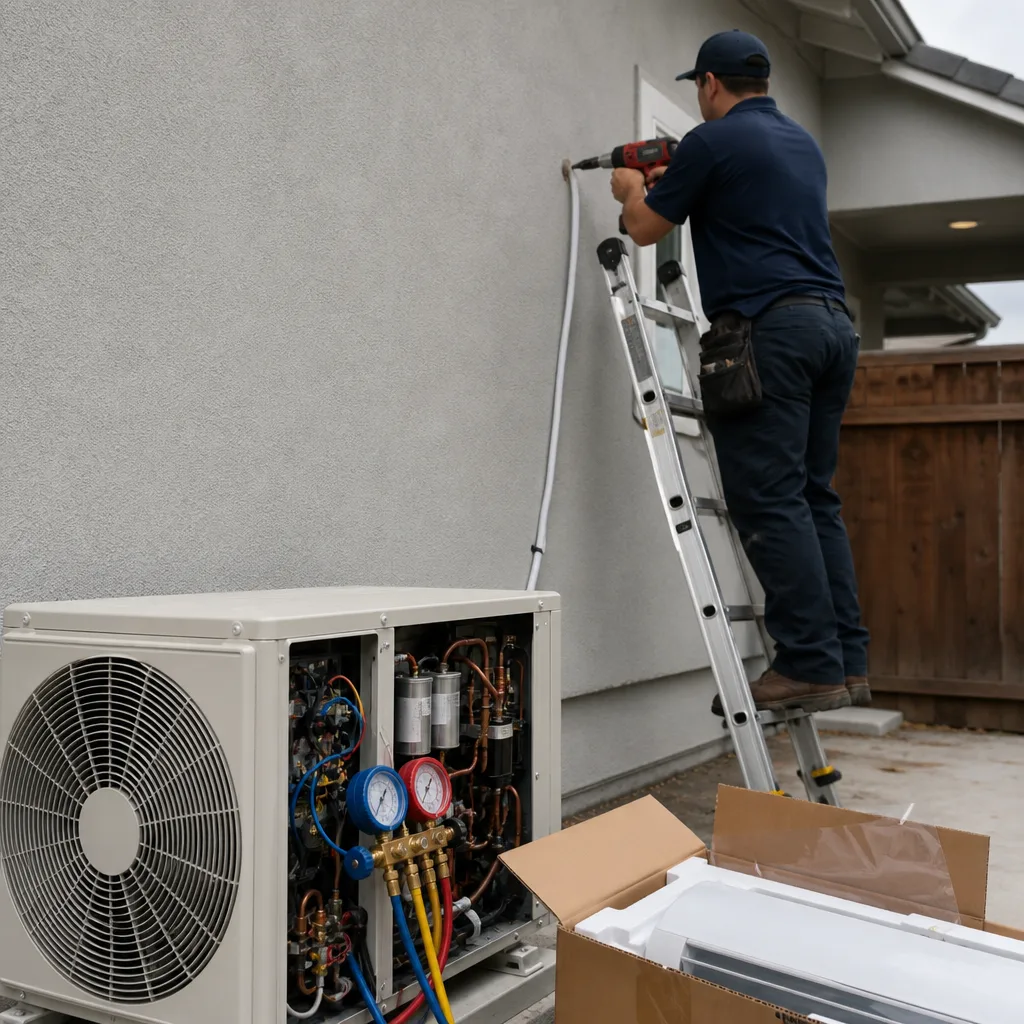 HVAC technician installing a heat pump and mini split system
