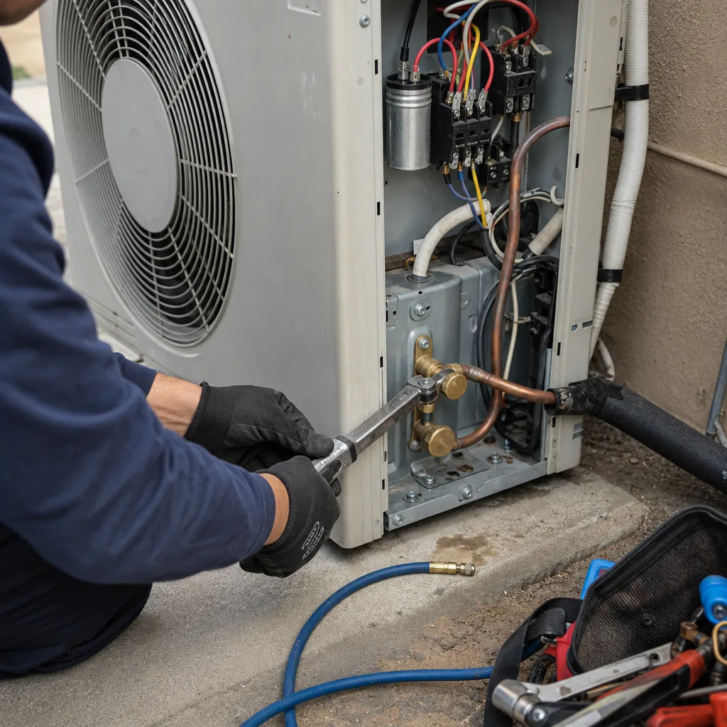 HVAC technician servicing refrigerant lines on an outdoor heat pump unit
