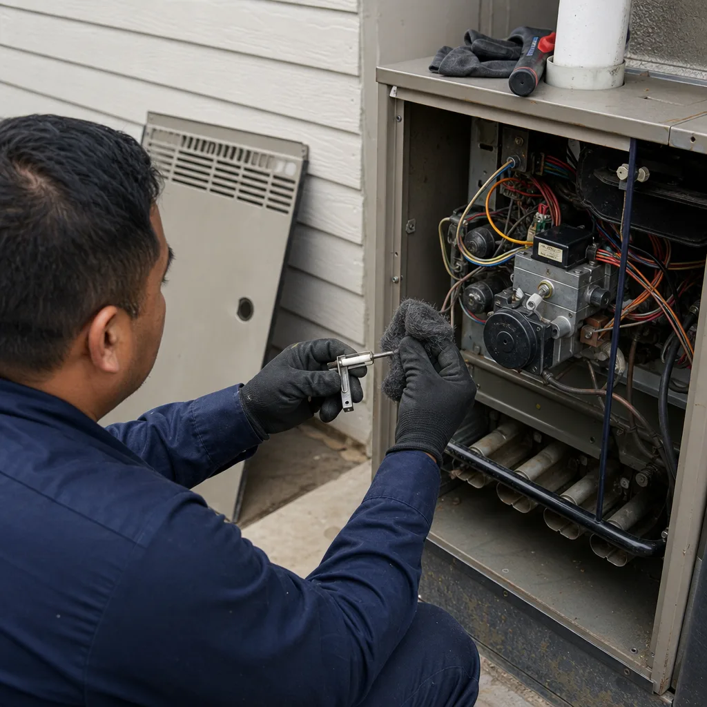 HVAC technician performing maintenance on a residential furnace flame sensor