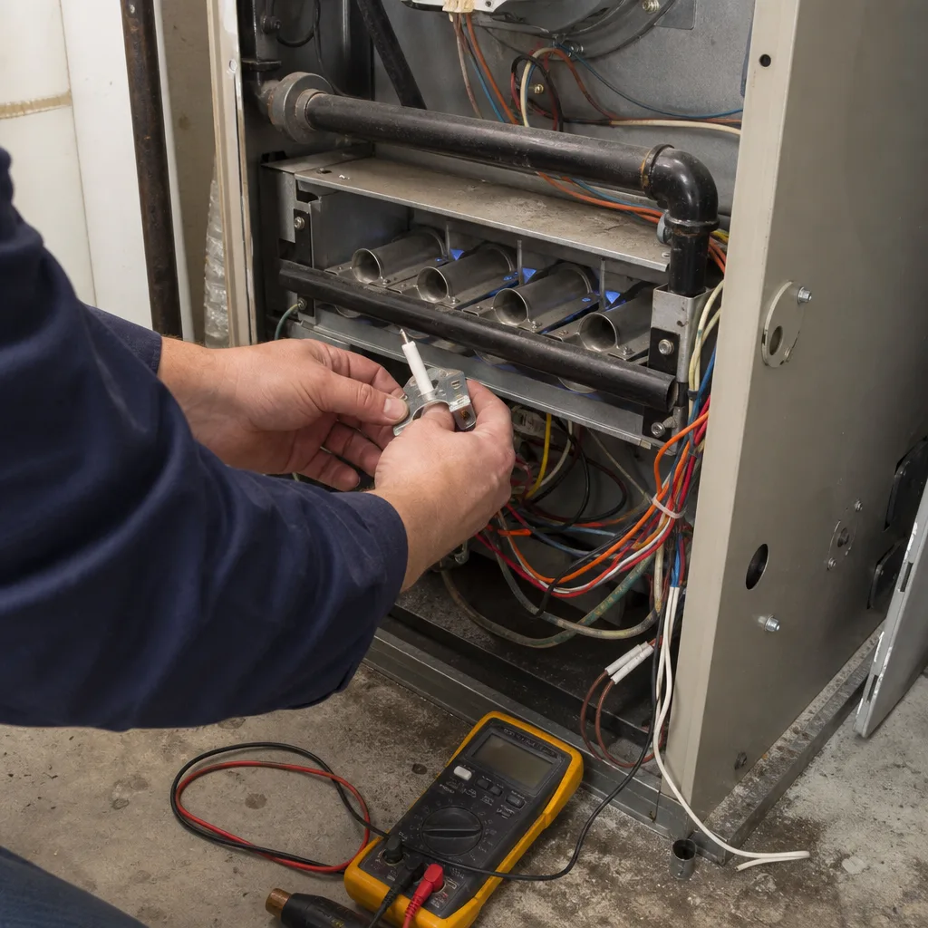 Technician repairing a home furnace with a multimeter tool
